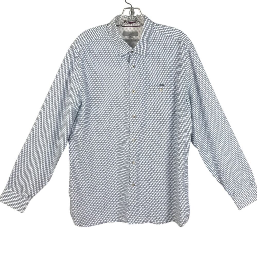 Ted Baker Men's Button Up Long Sleeve Shirt Blue White Geometric SZ 5 Minimalist